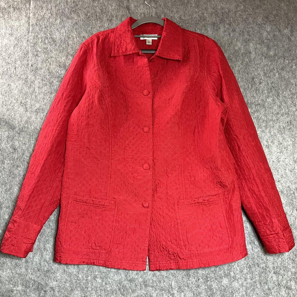 Coldwater Creek Jacket Womens Large Quilted Silk Button Front Textured Pockets